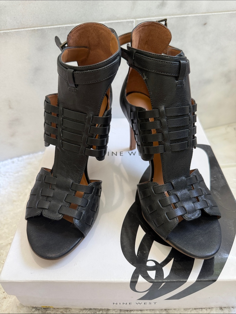 Nine West Black Leather Woven Strappy High Heels 8 1/2 nib